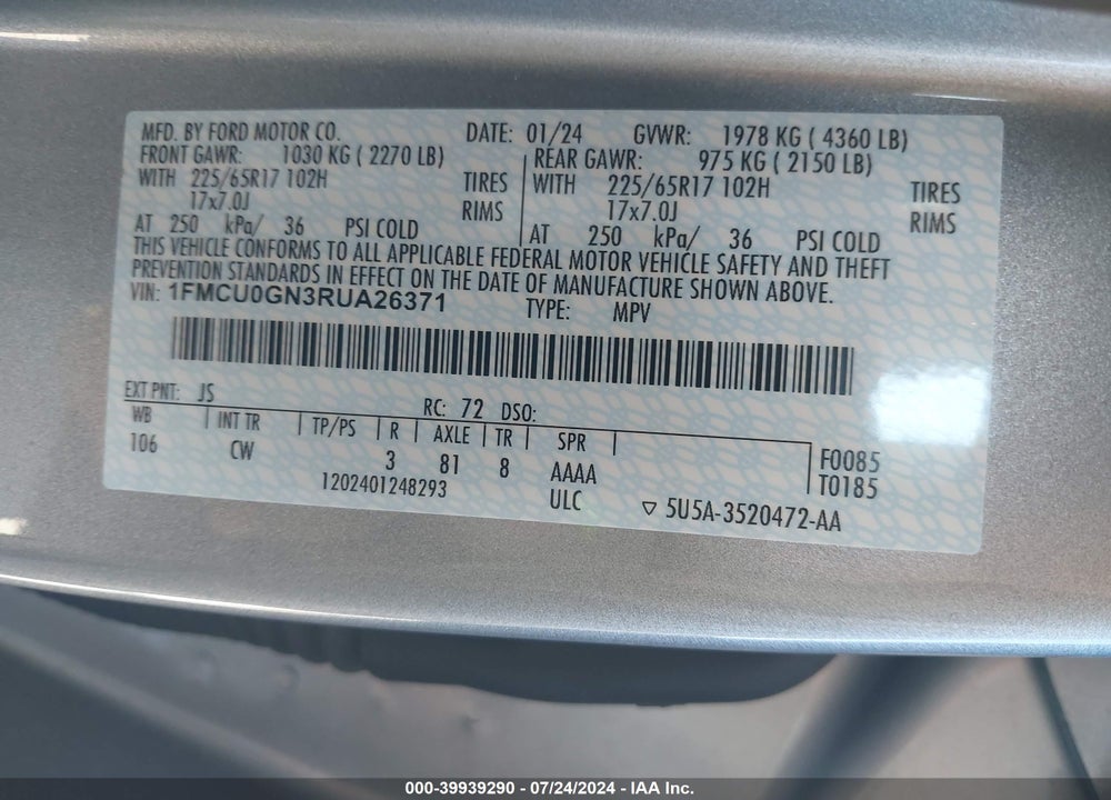 2024 FORD ESCAPE ACTIVE VIN: 1FMCU0GN3RUA26371