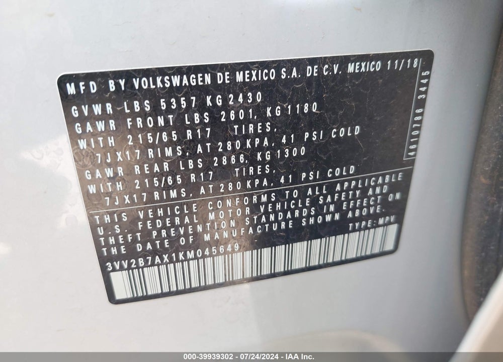 2019 VOLKSWAGEN TIGUAN 2.0T SE/2.0T SEL/2.0T SEL R-LINE/2.0T SEL R-LINE BLACK VIN: 3VV2B7AX1KM045649