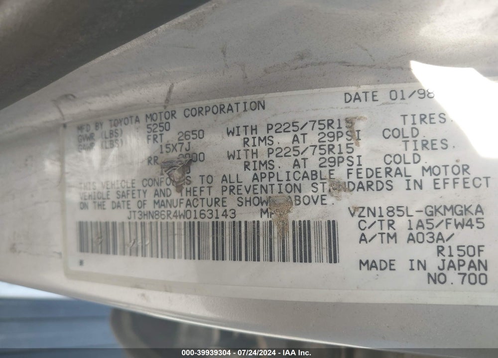 1998 TOYOTA 4RUNNER SR5 V6 VIN: JT3HN86R4W0163143
