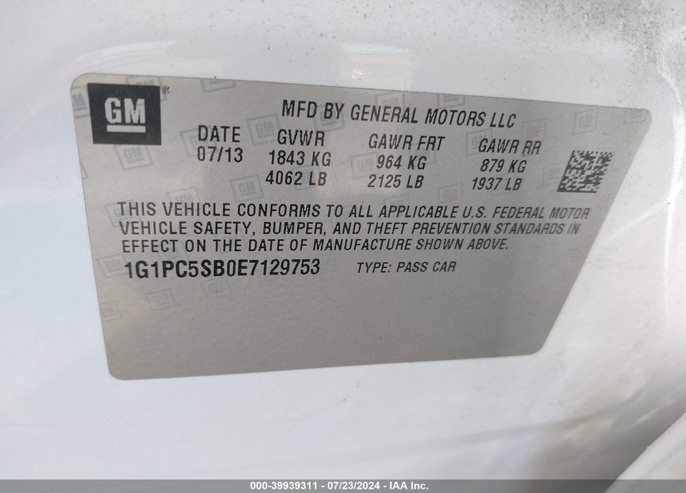 2014 CHEVROLET CRUZE 1LT AUTO VIN: 1G1PC5SB0E7129753