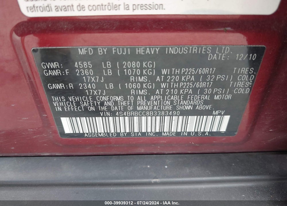 2011 SUBARU OUTBACK 2.5I PREMIUM VIN: 4S4BRBCC8B3383490