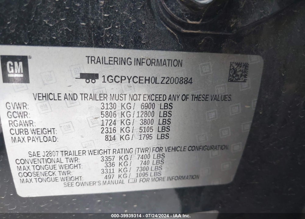 2020 CHEVROLET SILVERADO 1500 4WD SHORT BED CUSTOM TRAIL BOSS VIN: 1GCPYCEH0LZ200884