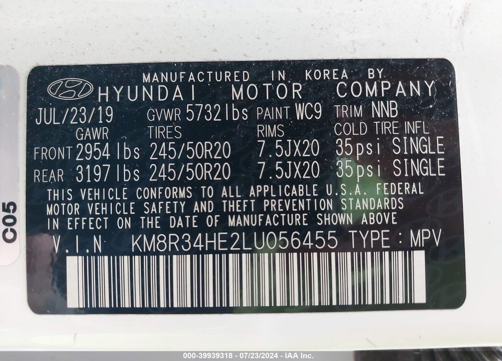 2020 HYUNDAI PALISADE SEL VIN: KM8R34HE2LU056455