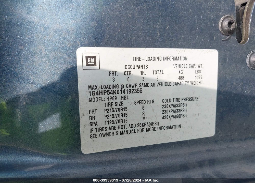 2001 BUICK LESABRE CUSTOM VIN: 1G4HP54K014192355