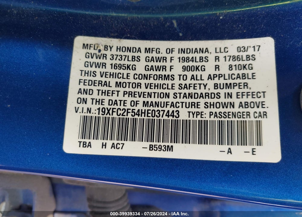 2017 HONDA CIVIC VIN: 19XFC2F54HE037443