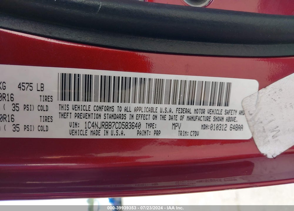 2012 JEEP PATRIOT SPORT VIN: 1C4NJRBB7CD583640