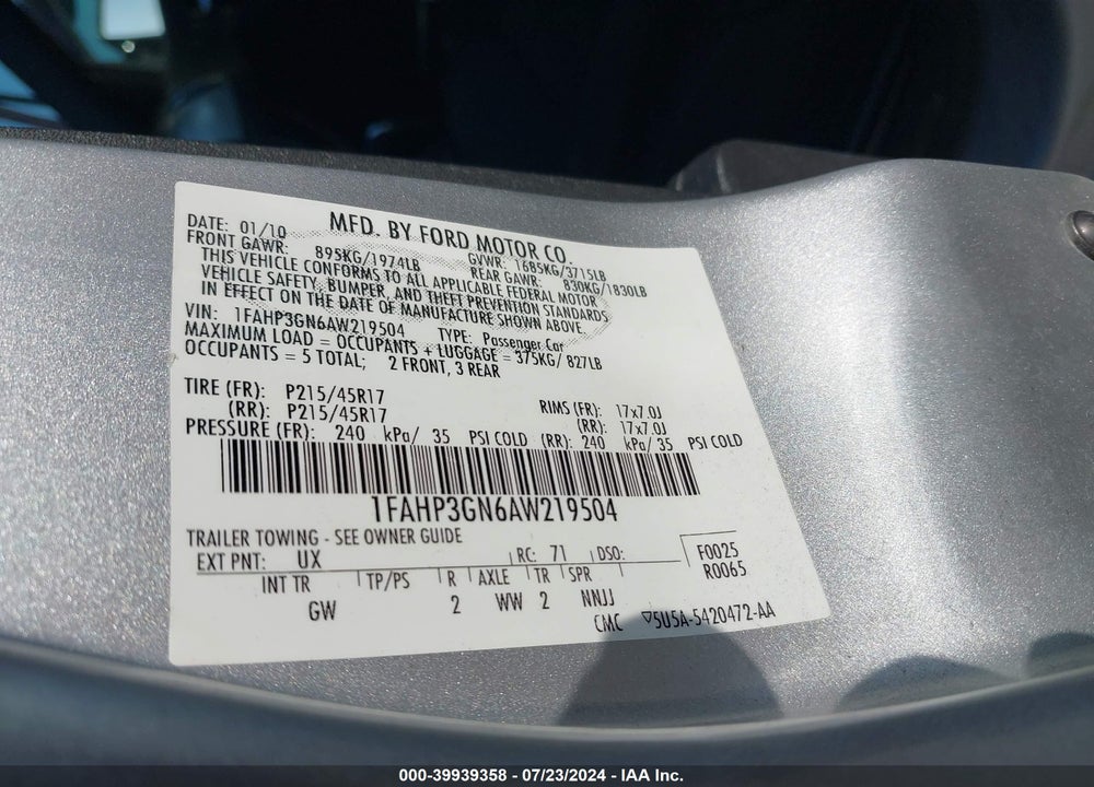 2010 FORD FOCUS SES VIN: 1FAHP3GN6AW219504