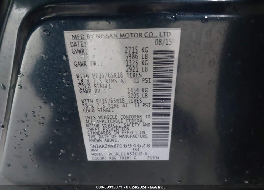 2015 NISSAN PATHFINDER SV VIN: 5N1AR2MN8FC694628