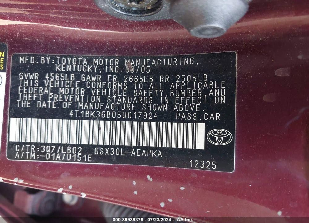 2005 TOYOTA AVALON LIMITED VIN: 4T1BK36B05U017924