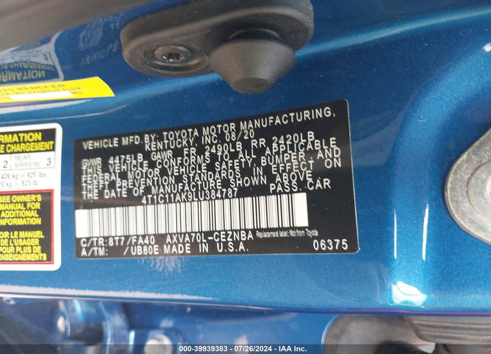 2020 TOYOTA CAMRY LE VIN: 4T1C11AK9LU384787