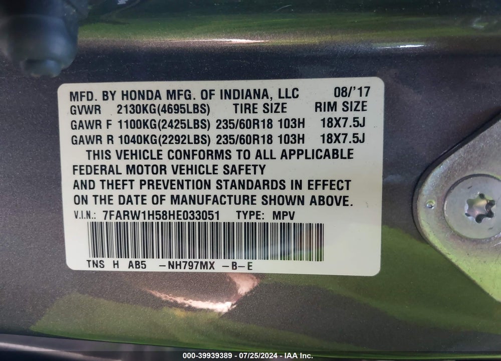 2017 HONDA CR-V VIN: 7FARW1H58HE033051