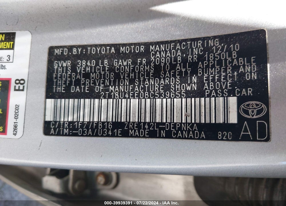 2011 TOYOTA COROLLA LE/S VIN: 2T1BU4EE0BC539655