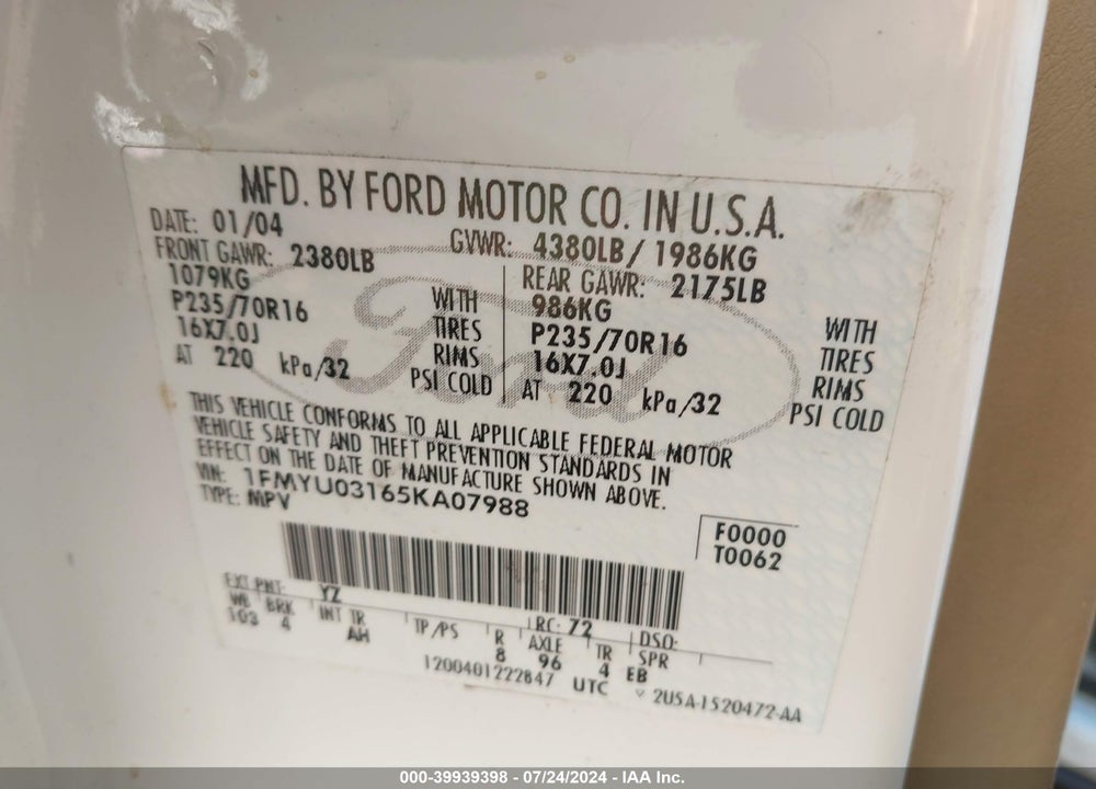 2005 FORD ESCAPE XLT VIN: 1FMYU03165KA07988