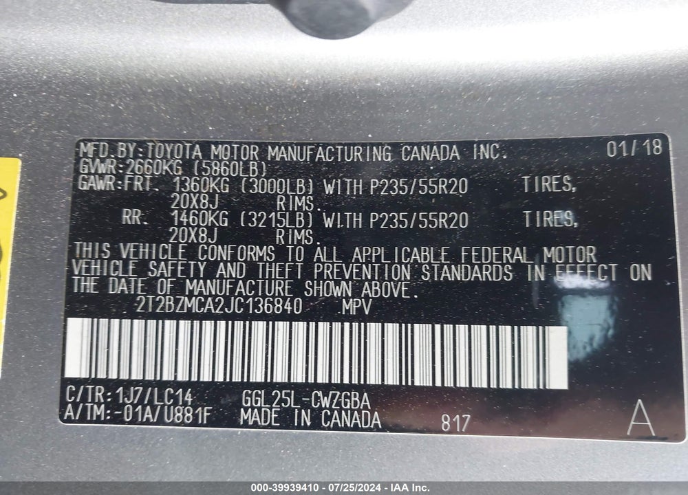 2018 LEXUS RX 350 F-SPORT VIN: 2T2BZMCA2JC136840
