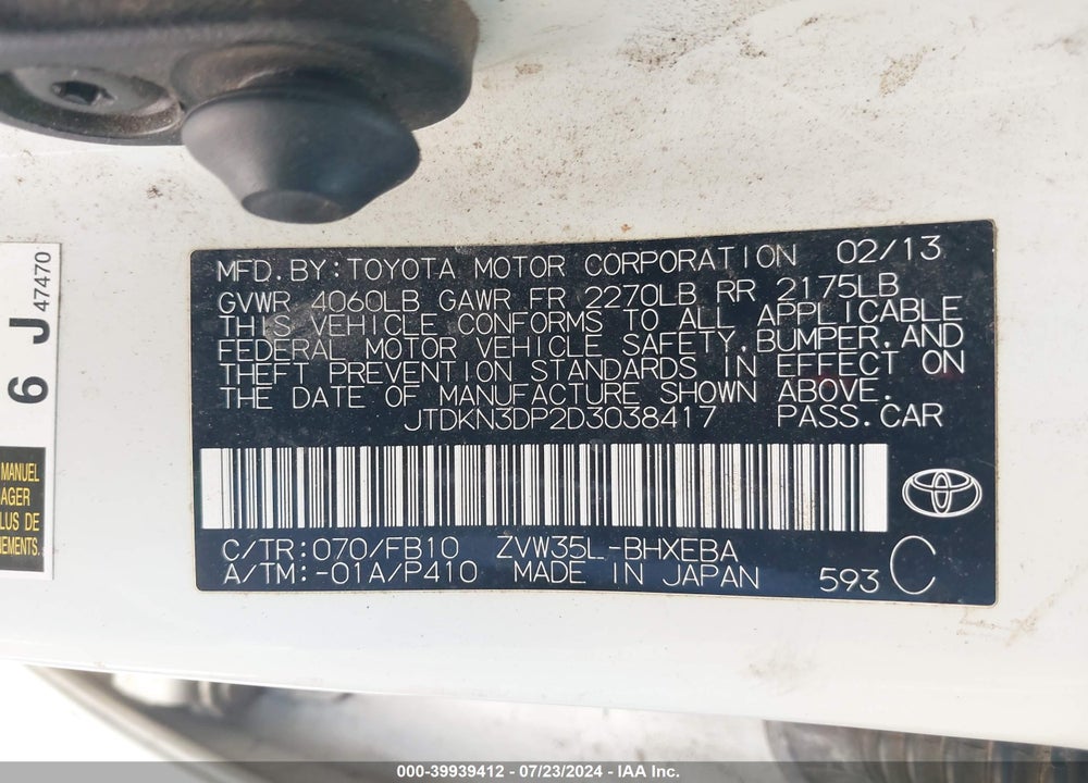 2013 TOYOTA PRIUS PLUG-IN VIN: JTDKN3DP2D3038417