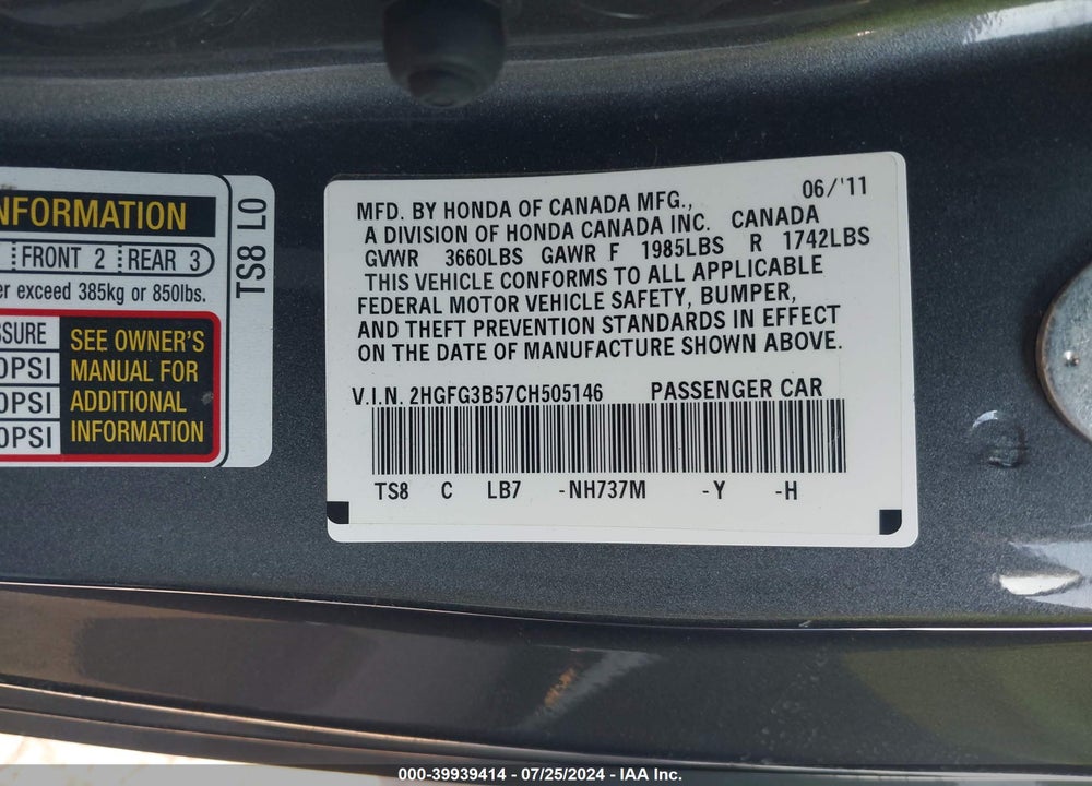 2012 HONDA CIVIC LX VIN: 2HGFG3B57CH505146