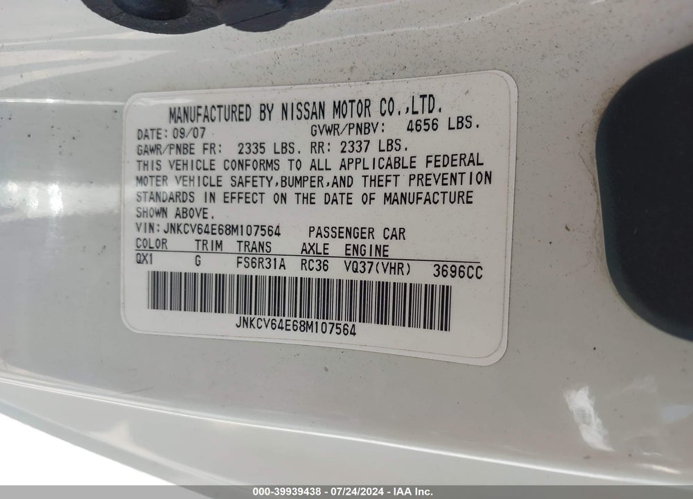 2008 INFINITI G37 SPORT VIN: JNKCV64E68M107564