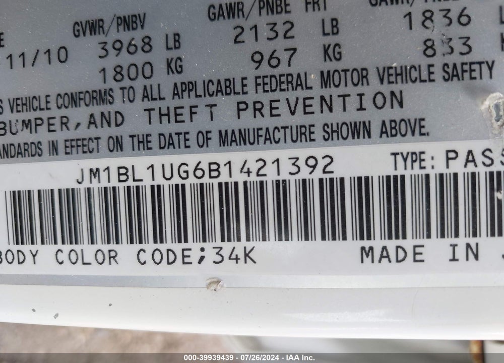 2011 MAZDA 3 I SPORT VIN: JM1BL1UG6B1421392