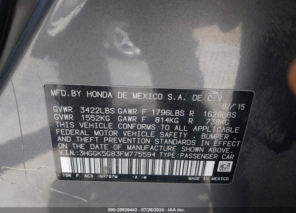 2015 HONDA FIT EX VIN: 3HGGK5G83FM775594