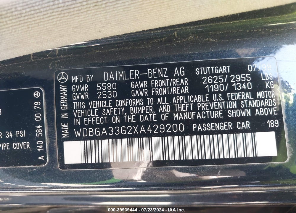 1999 MERCEDES-BENZ S 320 VIN: WDBGA33G2XA429200
