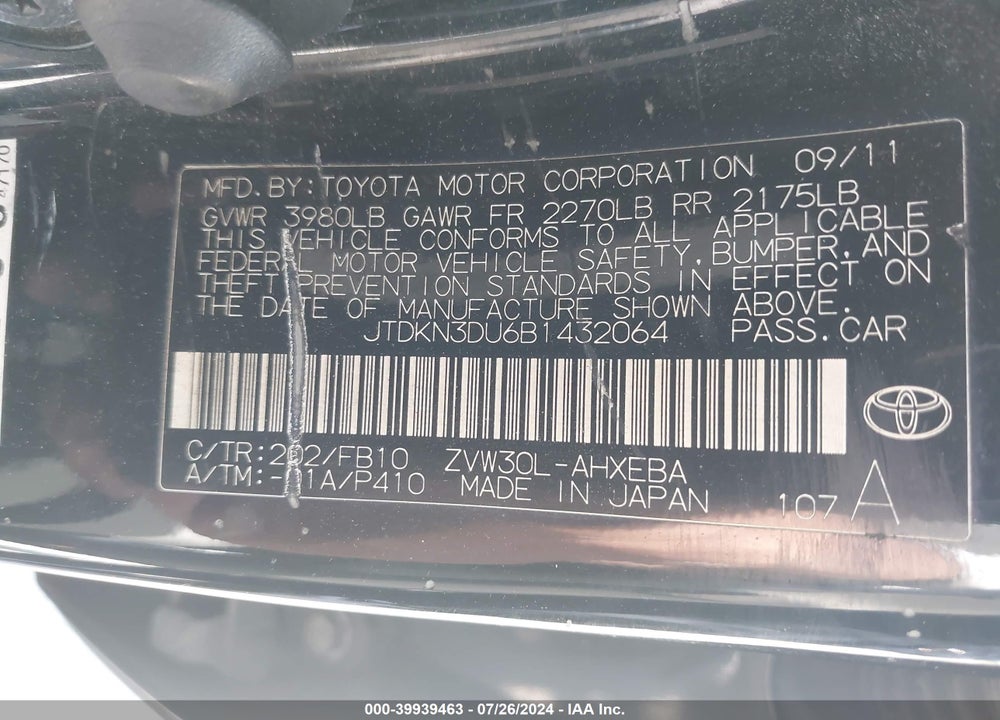 2011 TOYOTA PRIUS VIN: JTDKN3DU6B1432064