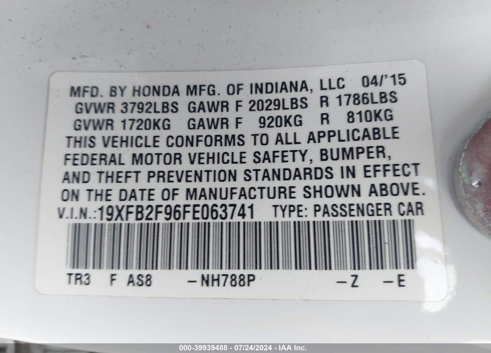 2015 HONDA CIVIC EX-L VIN: 19XFB2F96FE063741