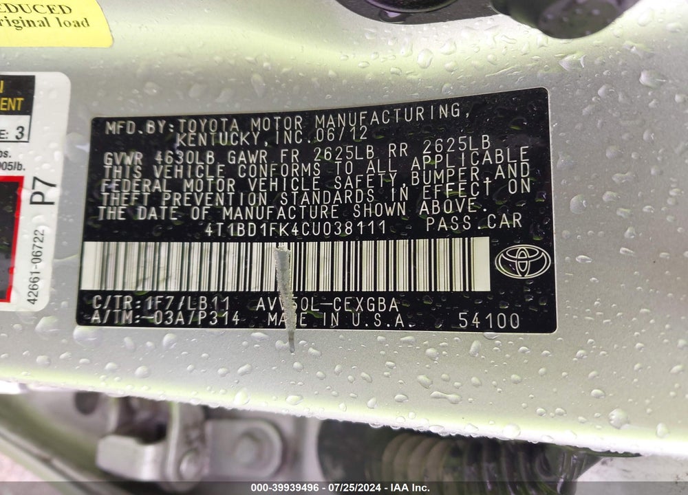 2012 TOYOTA CAMRY HYBRID XLE VIN: 4T1BD1FK4CU038111