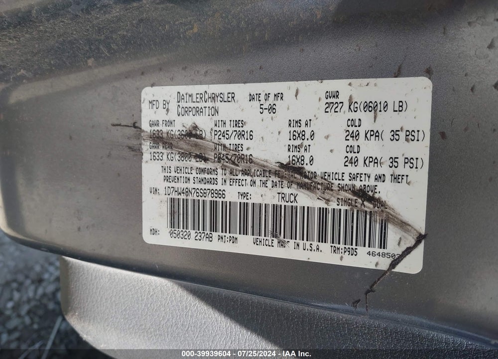 2006 DODGE DAKOTA SLT VIN: 1D7HW48N76S678966