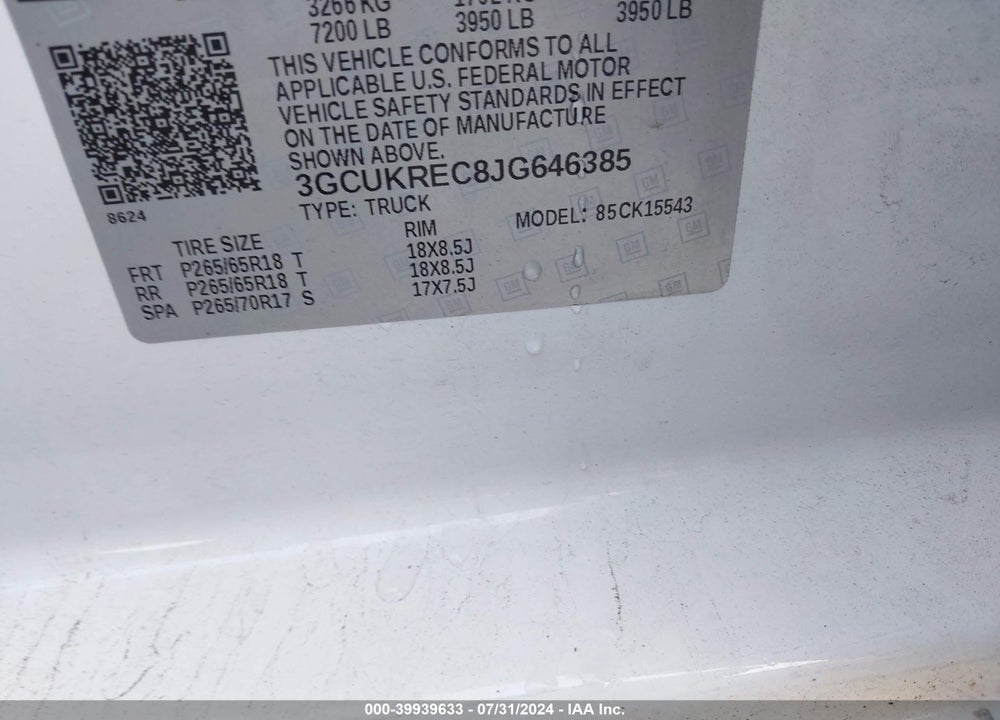 2018 CHEVROLET SILVERADO 1500 1LT VIN: 3GCUKREC8JG646385