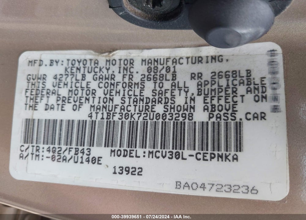 2002 TOYOTA CAMRY LE V6 VIN: 4T1BF30K72U003298