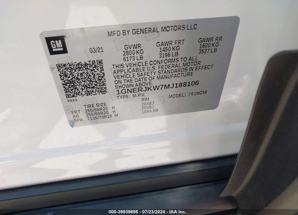 2021 CHEVROLET TRAVERSE FWD RS VIN: 1GNERJKW7MJ188106