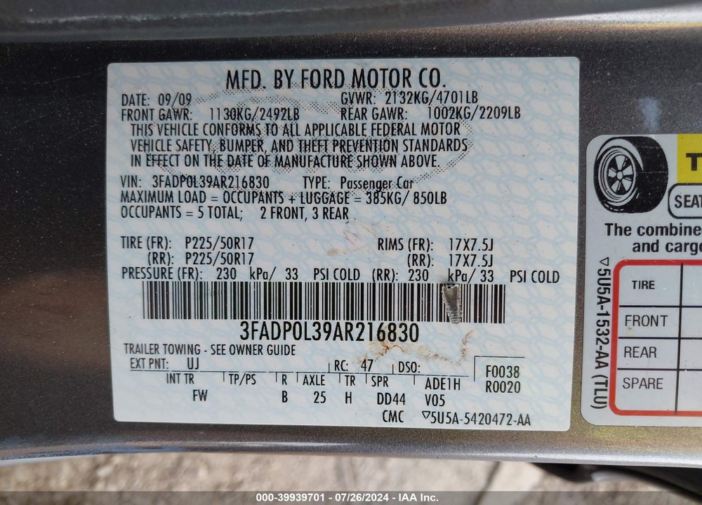 2010 FORD FUSION HYBRID VIN: 3FADP0L39AR216830