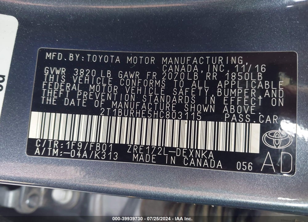 2017 TOYOTA COROLLA LE VIN: 2T1BURHE5HC803115