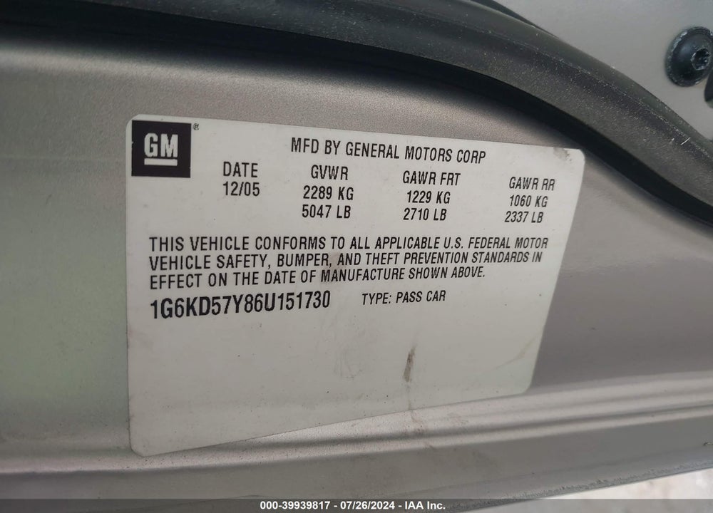 2006 CADILLAC DTS STANDARD VIN: 1G6KD57Y86U151730