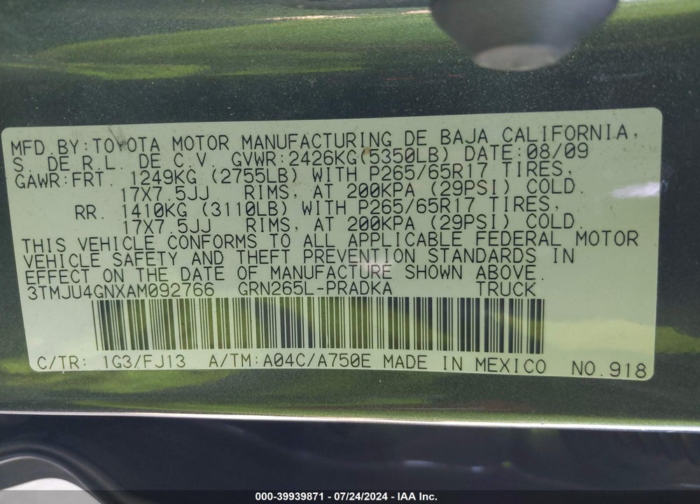 2010 TOYOTA TACOMA PRERUNNER V6 VIN: 3TMJU4GNXAM092766