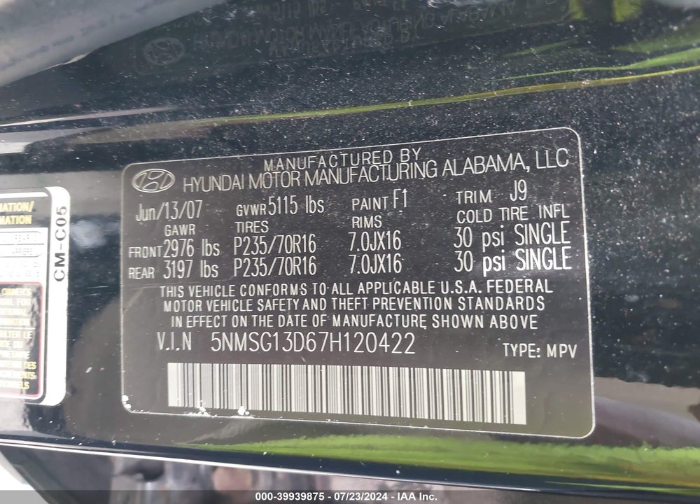 2007 HYUNDAI SANTA FE GLS VIN: 5NMSG13D67H120422