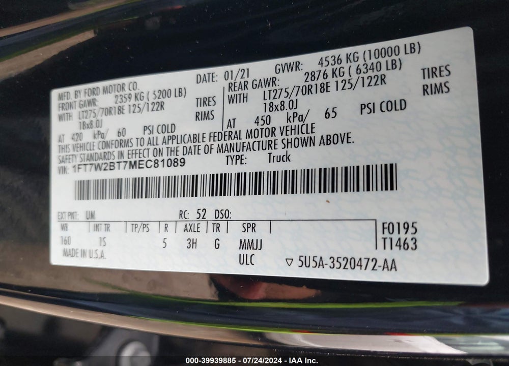 2021 FORD F-250 XL VIN: 1FT7W2BT7MEC81089