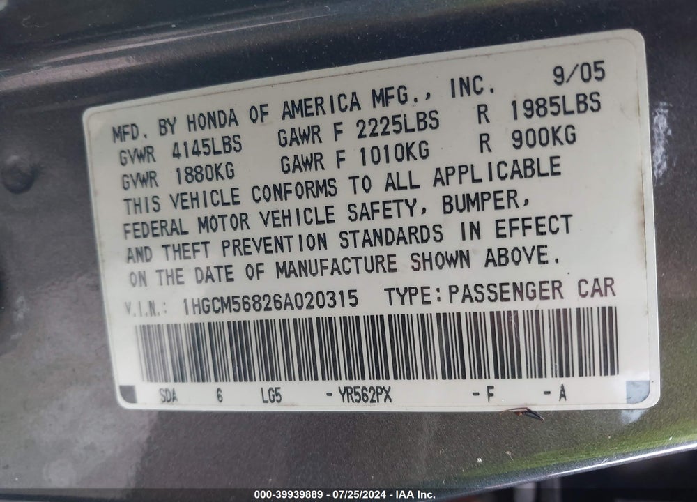 2006 HONDA ACCORD 2.4 EX VIN: 1HGCM56826A020315