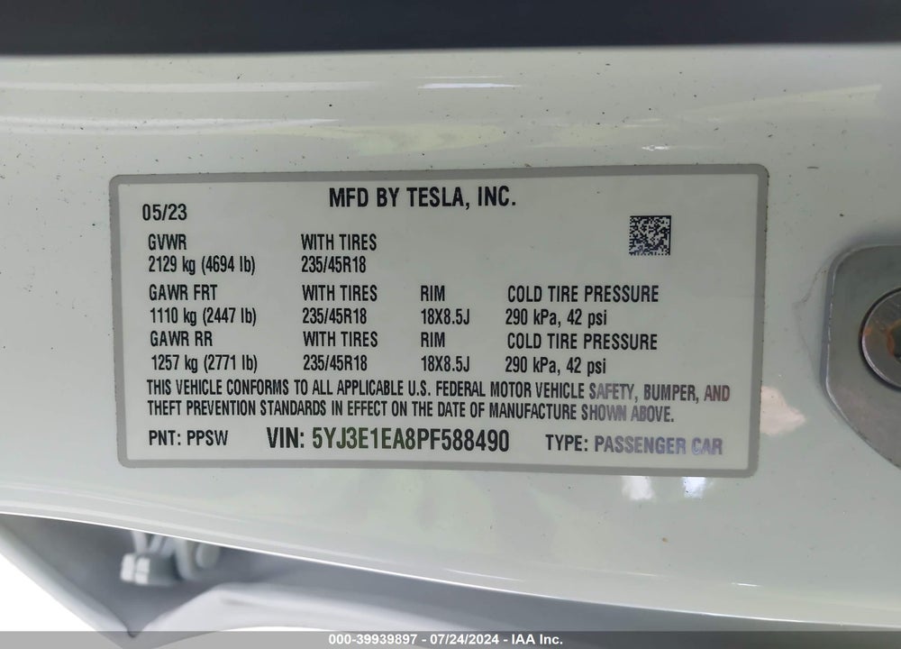 2023 TESLA MODEL 3 REAR-WHEEL DRIVE VIN: 5YJ3E1EA8PF588490