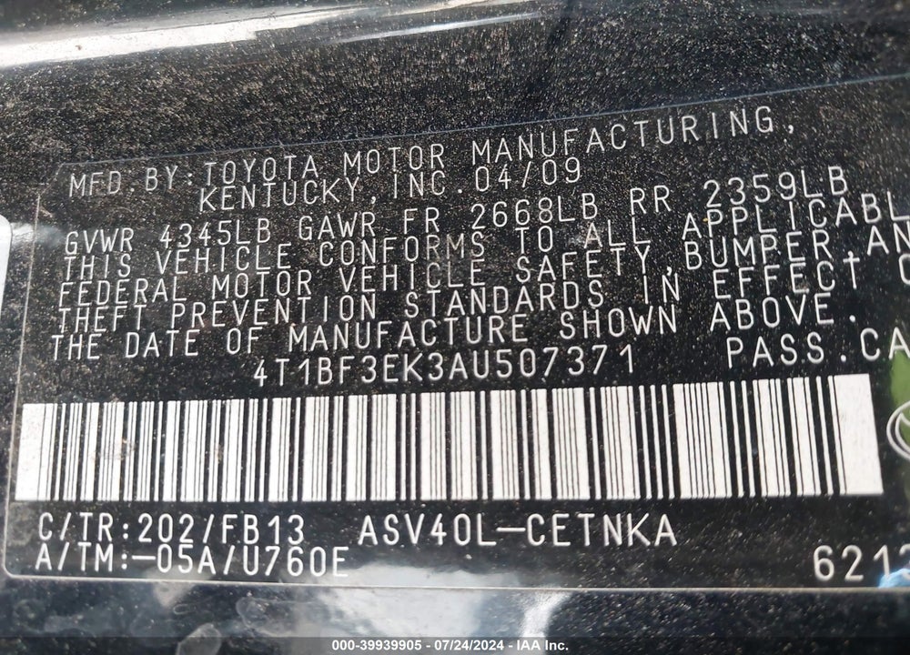 2010 TOYOTA CAMRY VIN: 4T1BF3EK3AU507371