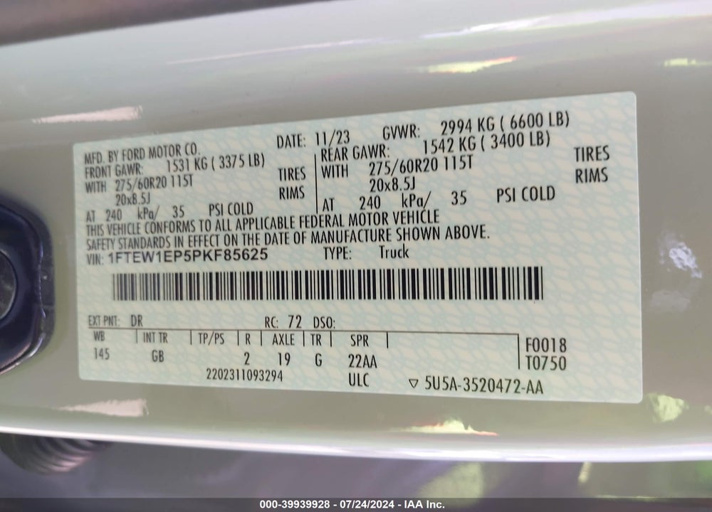 2023 FORD F-150 XL VIN: 1FTEW1EP5PKF85625
