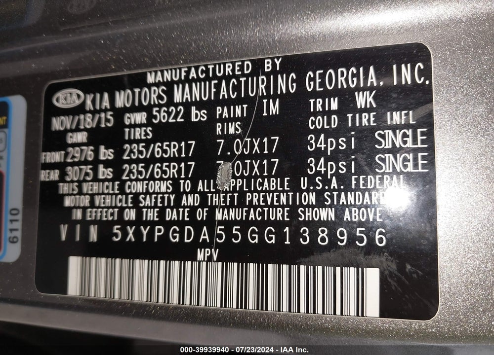 2016 KIA SORENTO 3.3L LX VIN: 5XYPGDA55GG138956