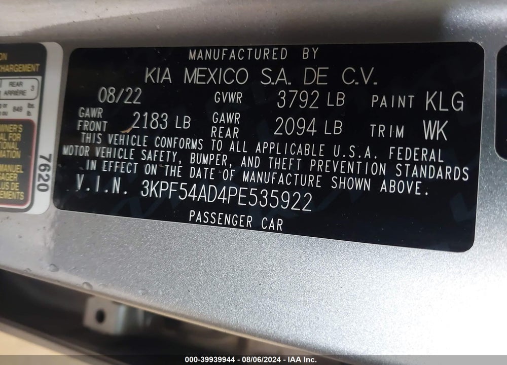 2023 KIA FORTE GT LINE VIN: 3KPF54AD4PE535922