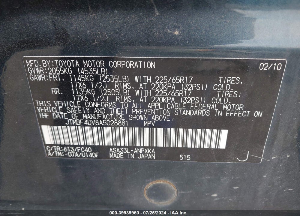 2010 TOYOTA RAV4 VIN: JTMBF4DV8A5028881
