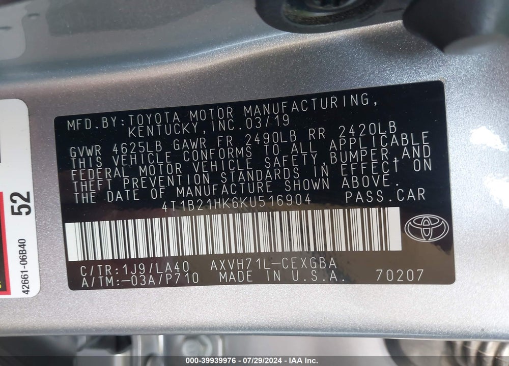 2019 TOYOTA CAMRY HYBRID XLE VIN: 4T1B21HK6KU516904