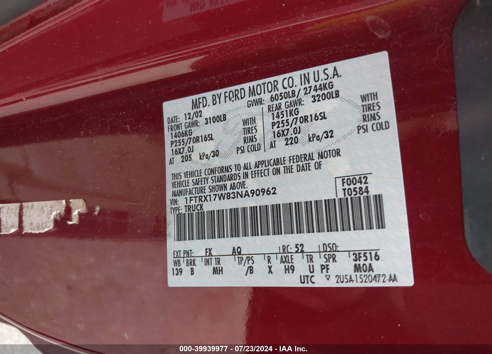 2003 FORD F-150 LARIAT/XL/XLT/XLT HERITAGE VIN: 1FTRX17W83NA90962