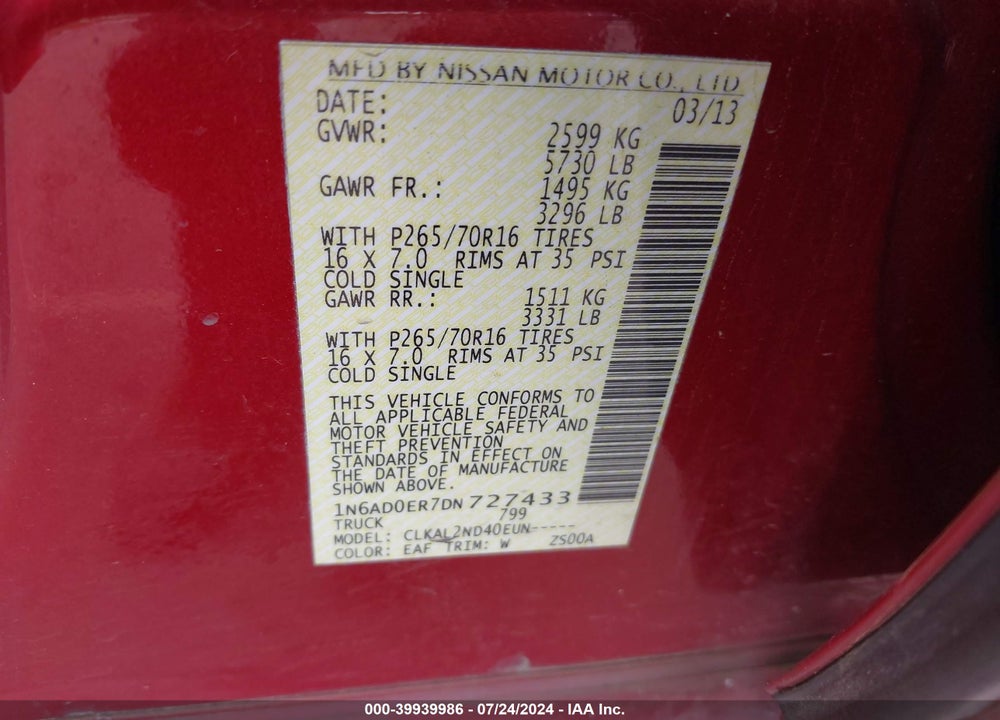 2013 NISSAN FRONTIER SV VIN: 1N6AD0ER7DN727433