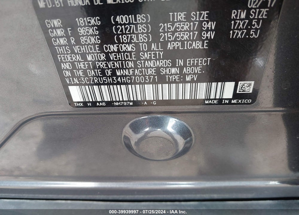 2017 HONDA HR-V LX VIN: 3CZRU5H34HG700371