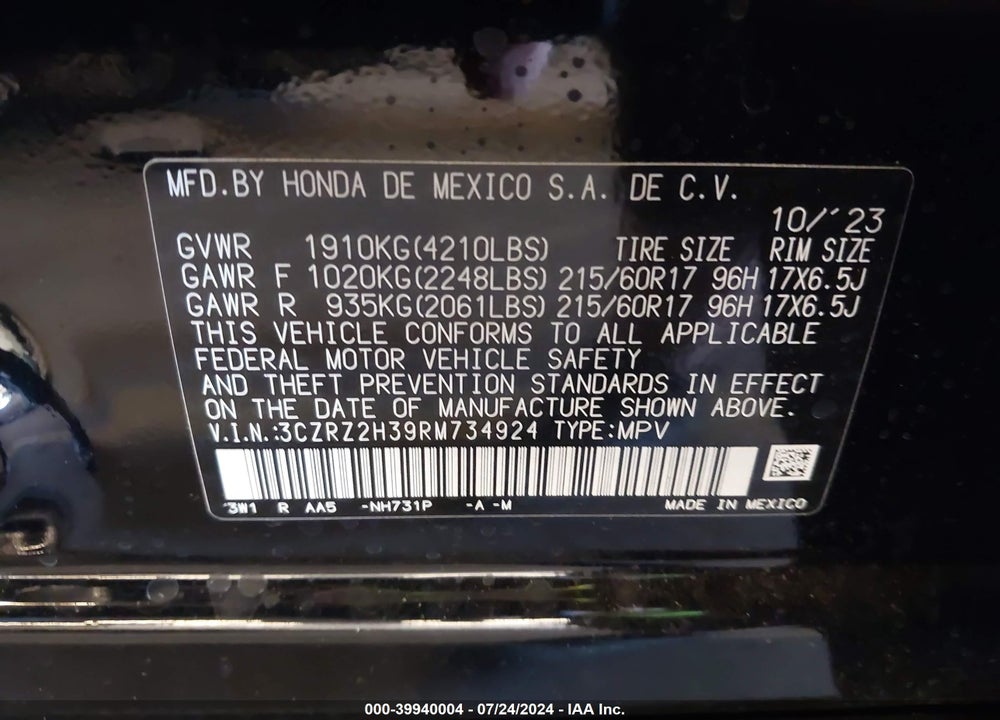 2024 HONDA HR-V AWD LX VIN: 3CZRZ2H39RM734924