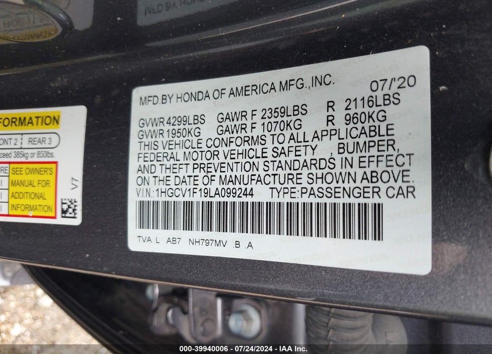 2020 HONDA ACCORD LX VIN: 1HGCV1F19LA099244